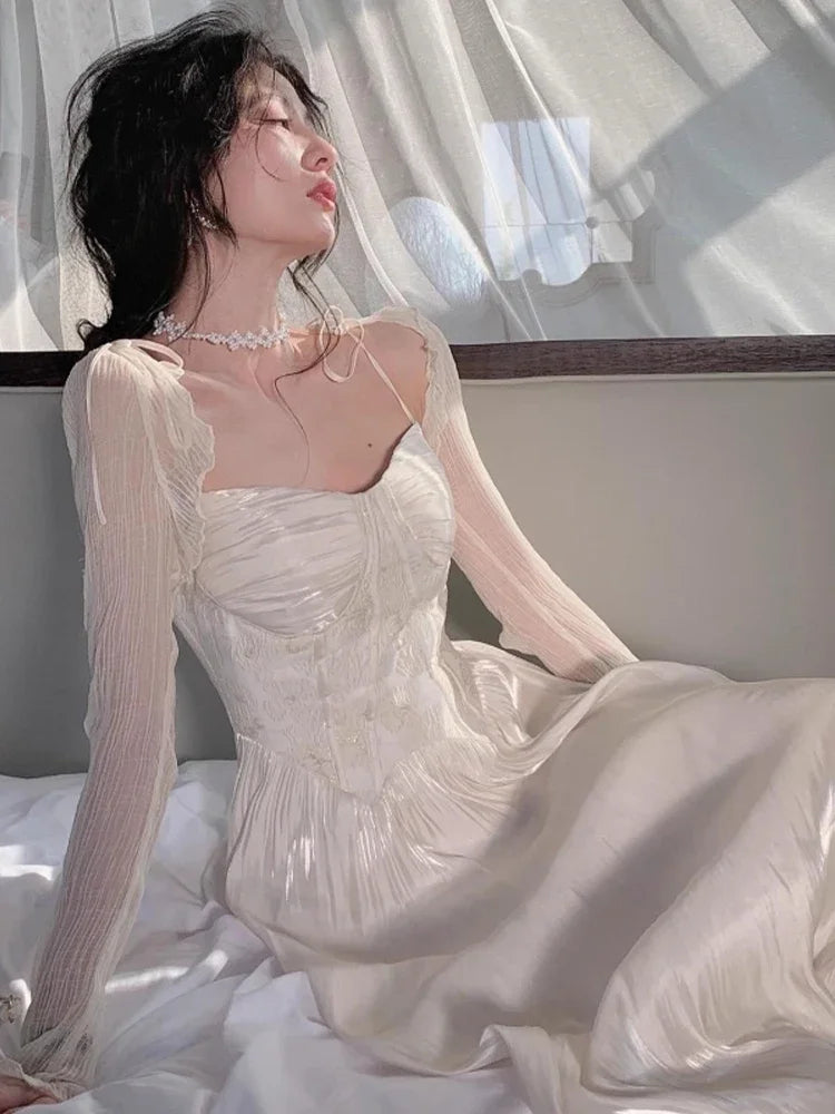 vmtvr 2024 Summer Sweet Elegant Vintage Slip Dress Women Folds Design Sexy Long Fairy Dress Female Korean Casual Y2k Party Dress New