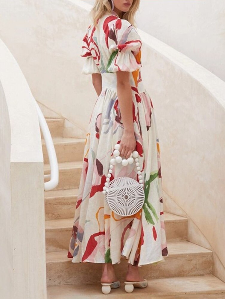 vmtvr - Dresses For Women Summer Sexy Print Long Maxi Dress Ladies Elegant Button Up Boho Floral Ruffles Pink Robe Vestidos