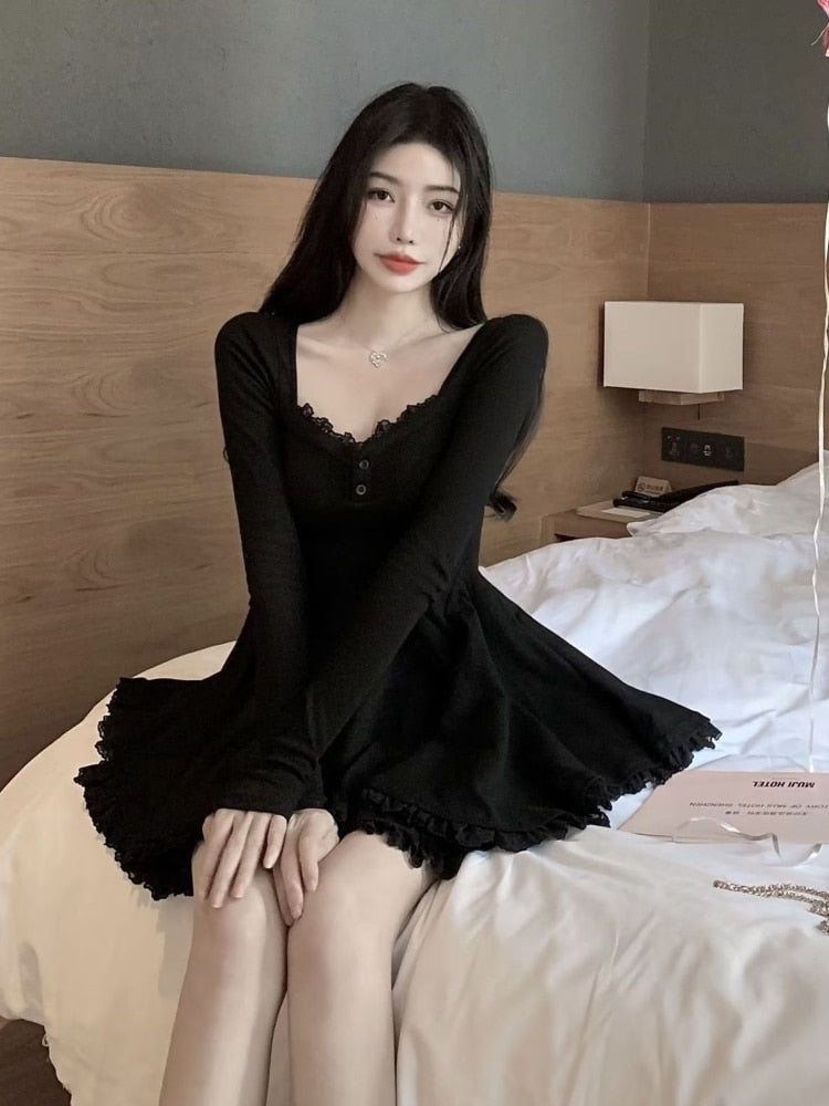 vmtvr Sexy Black Lace Dress Women Bodycon Wrap Slim Party Mini Short Dresses Evening Fashion Long Sleeve Outfits