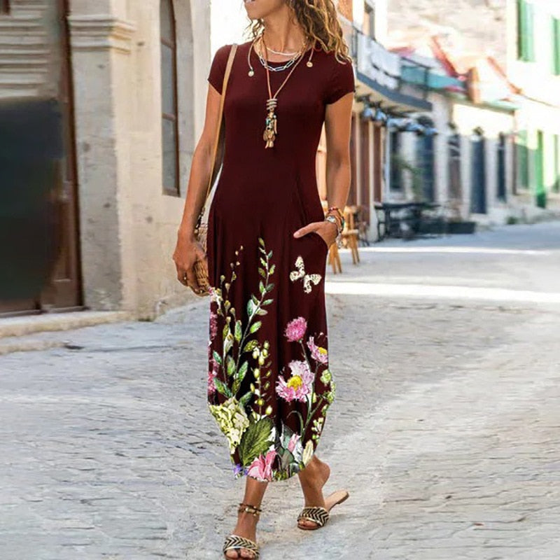 vmtvr - Elegant Women Maxi Dress Summer O Neck Short Sleeve Sundress Office Lady Party Dress Female Print A-Line Long Dress Vestido