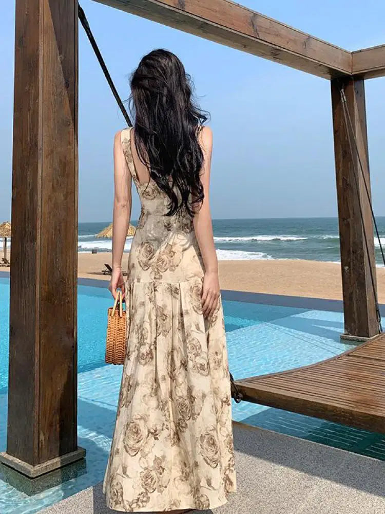 vmtvr Rose Floral Printing Ruffles Slip Long Dresses Bohemian Backless Sleeveless Women Summer Beach Travel Party Wear Ladies Vintage