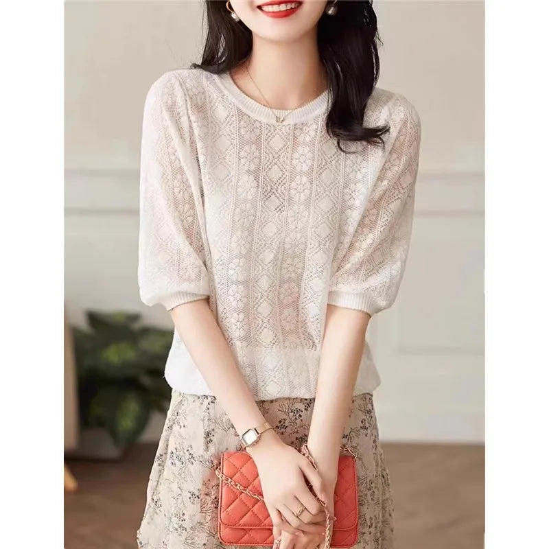 vmtvr European goods new hollow thin short-sleeved knitwear women's summer loose temperament round neck half-sleeved T-shirt