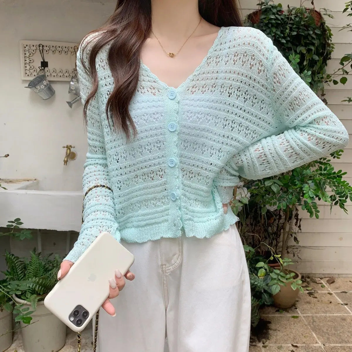vmtvr Long Sleeve T Shirt Women's Summer Thin Section Hollow Ice Silk Knitted Cardigan Lace Button Korean Loose Top Striped Sexy Soft
