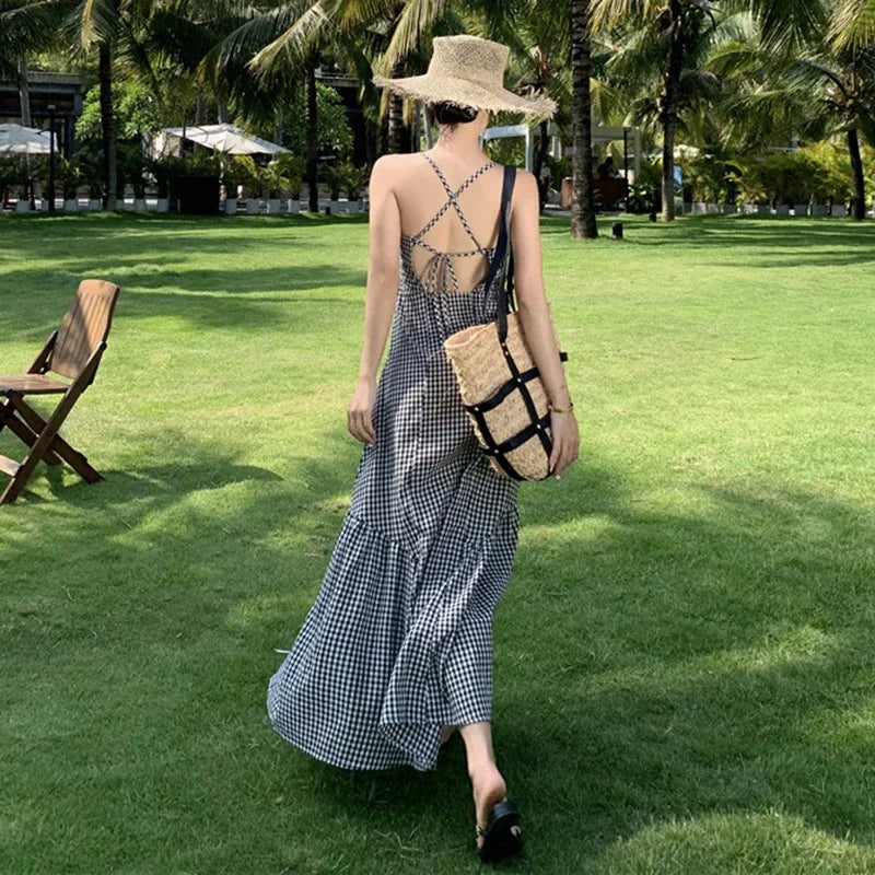 vmtvr 2024 New Women Plaid Lace Up Backless Beach Dress Summer Retro Vacation Slip Female Y2K Swinging Casual Long Dance Sundress