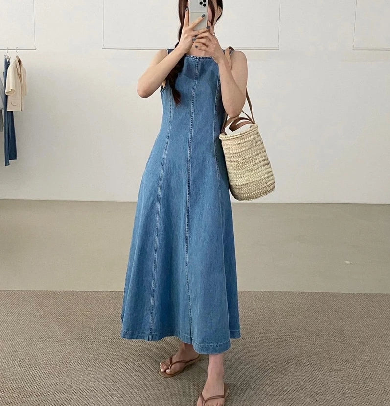 vmtvr Vintage Square Collar Denim Dress Casual Slim 2024 Summer Female Jeans Dress Zipper Sleeveless Women Jeans Dress Vestidos S916