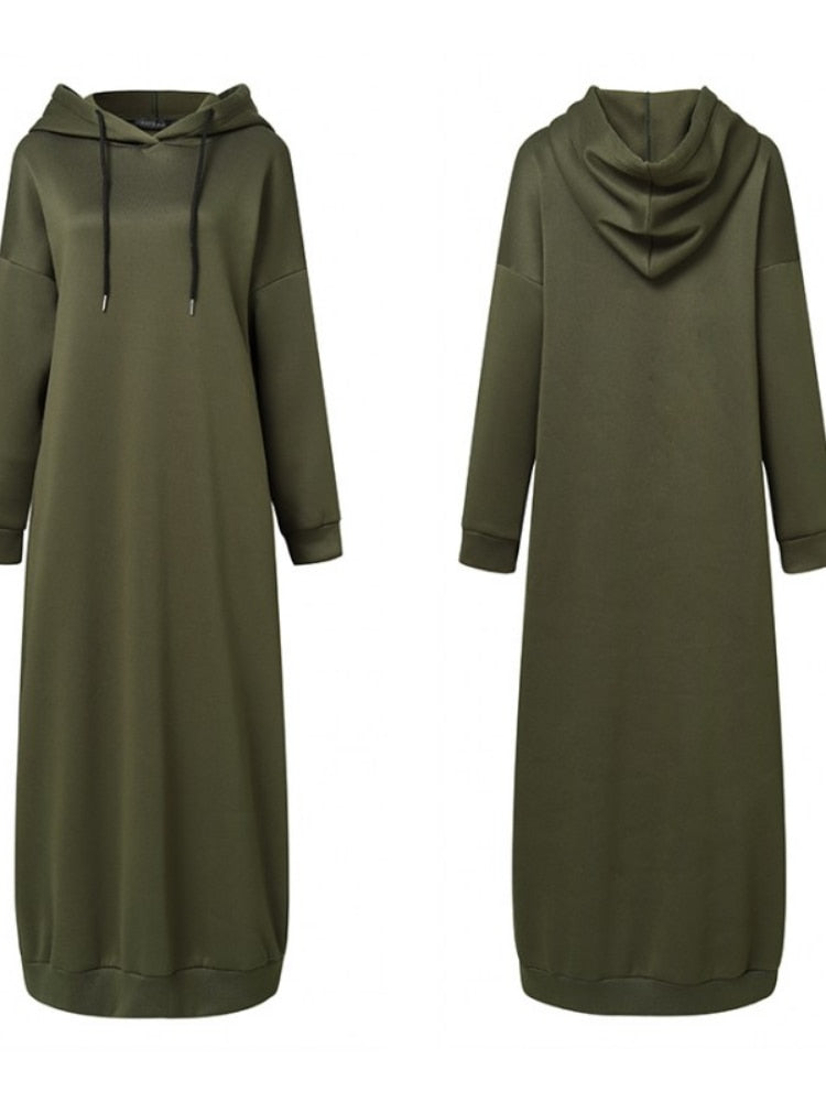 Women Muslim Dress Sweatshirt Dress Stylish Hoodies Long Sleeve Maxi Dress Female Casual Solid Hooded Vestidos Robe