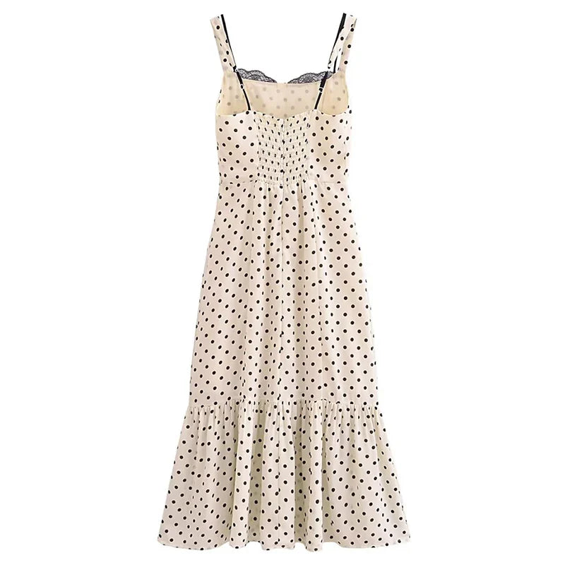vmtvr Summer 2024 French Dot Print Ruffles Dress Sexy Chiffon Dresses For Women Clothing Lace Patchwork Spaghetti Straps Dress