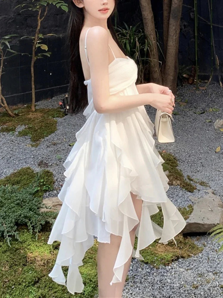 vmtvr Fairy Chiffon Pink Strap Dress Women Sexy Backless Even Party Dress Beach Style Casual Y2k Mini Dress Korean Summer Chic