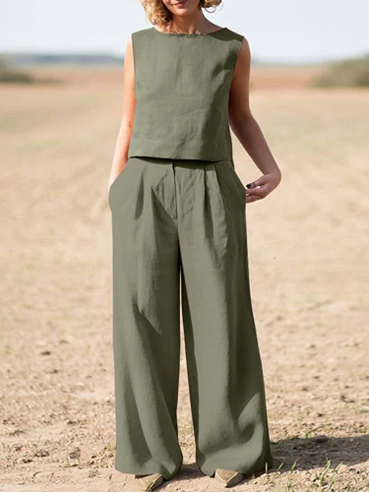 vmtvr Solid Cotton Linen Outfits Women Casual O Neck Sleeveless Pullover Blouse and Straight Pants Suits Summer Casual Loose 2Pc Sets
