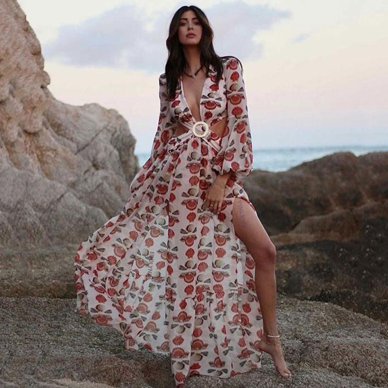 vmtvr Sexy V-Neck Backless Hollow Out Dress Summer Women Lantern Sleeve Club Party Long Maxi Dresses Tunic Beach Cover Up A916
