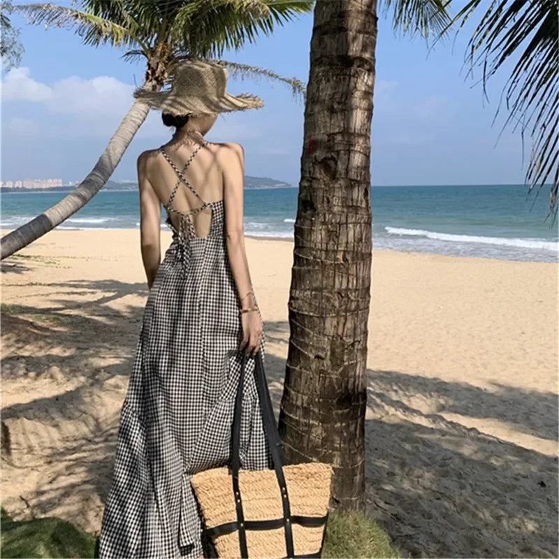 vmtvr 2024 New Women Plaid Lace Up Backless Beach Dress Summer Retro Vacation Slip Female Y2K Swinging Casual Long Dance Sundress