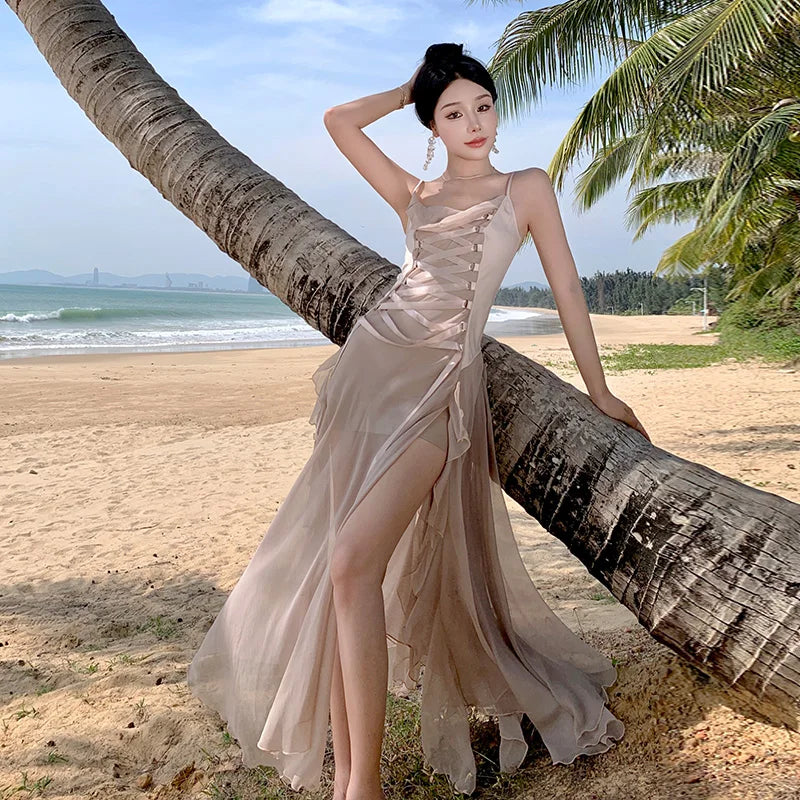 vmtvr - Maxi Long Dresses for Women New Summer Elegant Spaghetti Strap Slim Split Ruffle Female Clothes Beach Holiday Bandage Dress