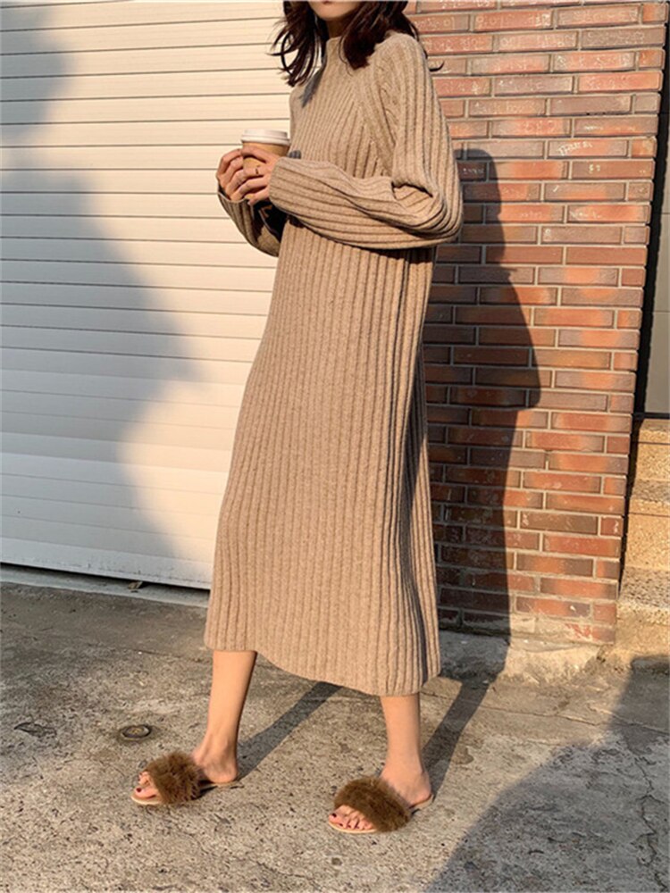 Thick Winter Women'S Dress Fall Sweater Women Dress Long Sleeve Knitted Dresses Maxi Vintage Oversize Dresses Knitting