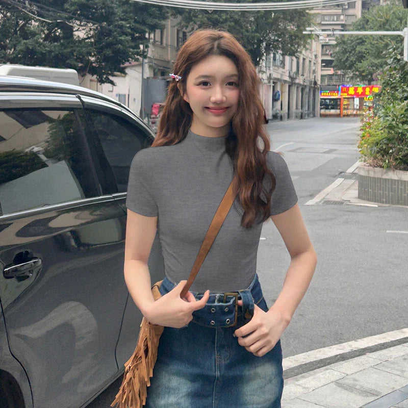 vmtvr Short Slim Turtleneck Pullover Inner Bottom Shirt Women Summer Spice Girls Design Tight Short Sleeve t-shirt Tops Soft
