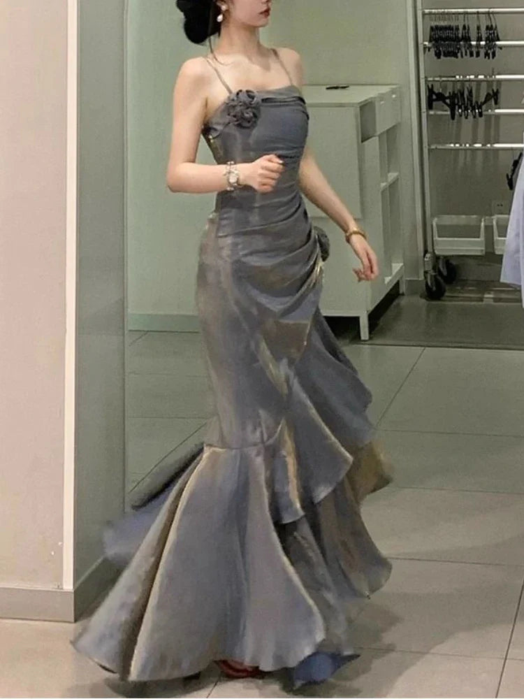 vmtvr - Korean Vintage Velvet Long Dress Women Luxury Slim Mermaid Spaghetti Strap Floral Dress Elegant Sexy Casual Evening Party Dress