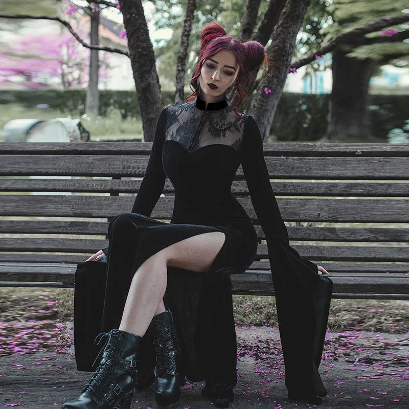 vmtvr - Halloween Party Long Dress Black High Waist Flared Sleeve Lace Cutout Gothic Maxi Dress Street Aesthetic Clubwear Maxi Dress