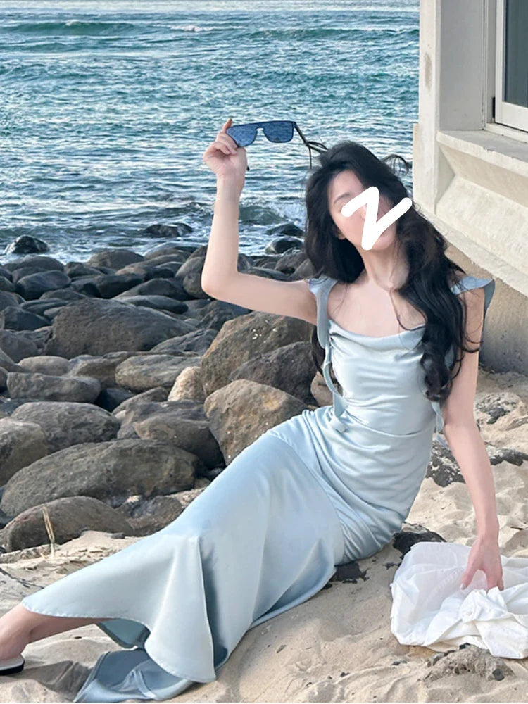 vmtvr French Elegant Sleeveless Midi Dress Office Lady Summer Slim Bodycon Pure Color Dress Party Fashion Strap Dress Woman Chic
