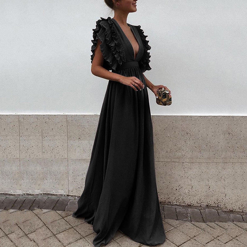 vmtvr Formal Party Dress Women Deep V-Neck Long Dress Elegant Flying Sleeves Backless Maxi Evening Dresses Robe De Soiree