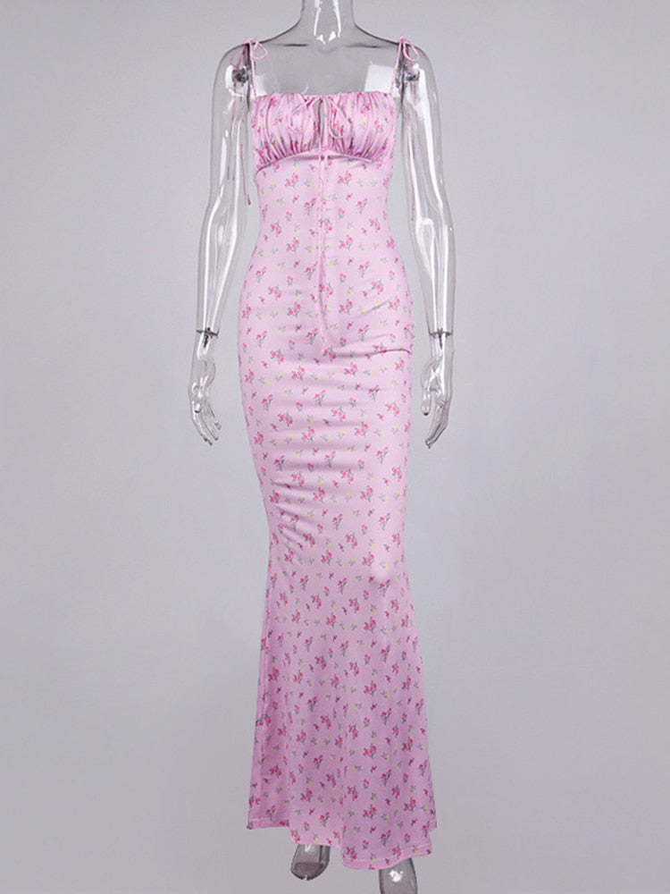 vmtvr Floral Print Cottagecore Elegant Sleeveless Maxi Sundress Sexy Backless Women Party Club Tie Front Dress Holiday