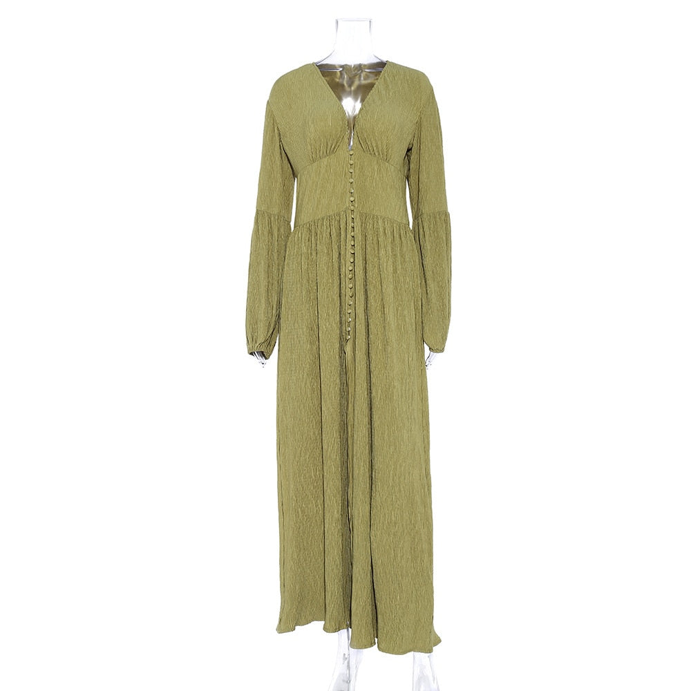 vmtvr - Femme Boho Maxi Dress Lantern Sleeve Vintage Long Split Dresses Button Down Draped Chic Mujer Vestidos Gothic Robes