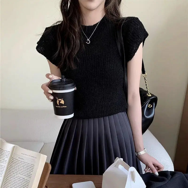 vmtvr Korean Minimalist Summer T-Shirts Women Round Neck Solid Color Screw Thread Short Sleeve Fashion Slim Fit Short Knitted Tops