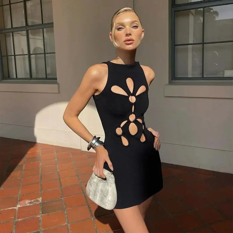 vmtvr - Hollow Out Mini Dress Women Sexy Sleeveless Slim Hip Package Lady Dresses Fashion Solid O Neck Short Female Party Vestidos