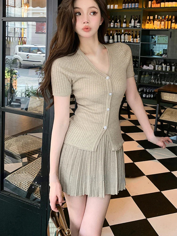 vmtvr Summer Korean Fashion Retro Two Piece Set Women Elegant Party Mini Skirt Set Female Bodycon Casual Tops+Pleated Skirt Suit