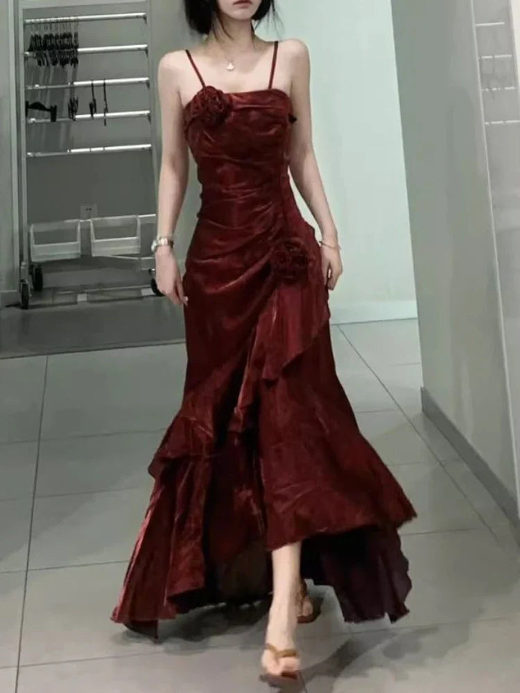 vmtvr - Korean Vintage Velvet Long Dress Women Luxury Slim Mermaid Spaghetti Strap Floral Dress Elegant Sexy Casual Evening Party Dress