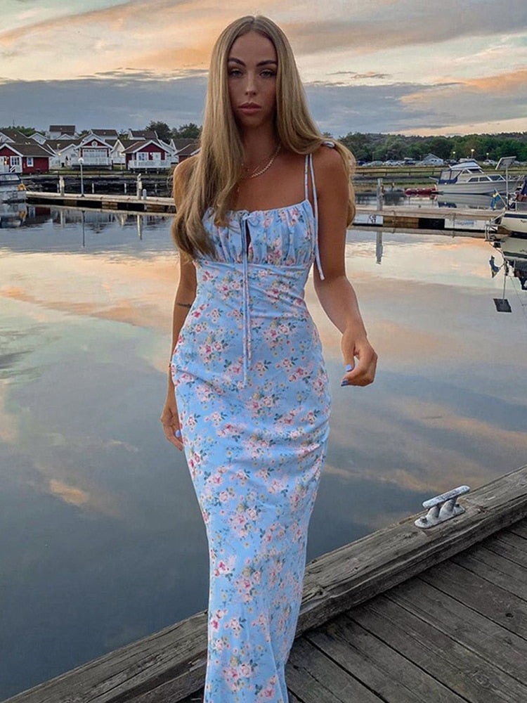 vmtvr Floral Print Cottagecore Elegant Sleeveless Maxi Sundress Sexy Backless Women Party Club Tie Front Dress Holiday