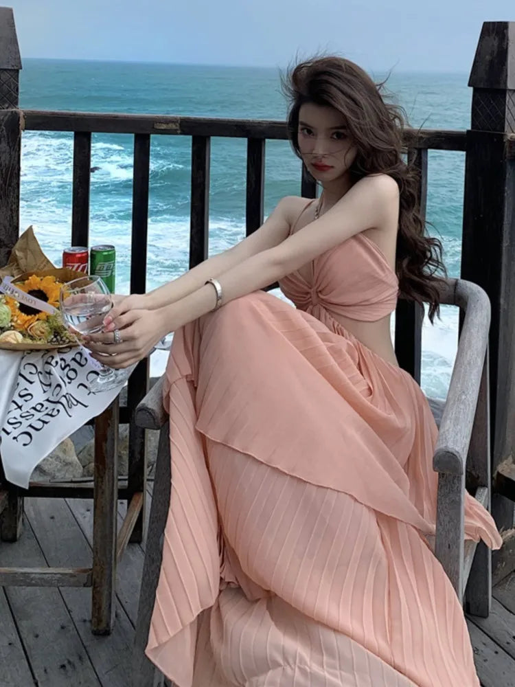 vmtvr Summer New Fashion Women Sexy Pleated Boho Long Dress Vacation Beach Strap A line Ladies Robe Sundress
