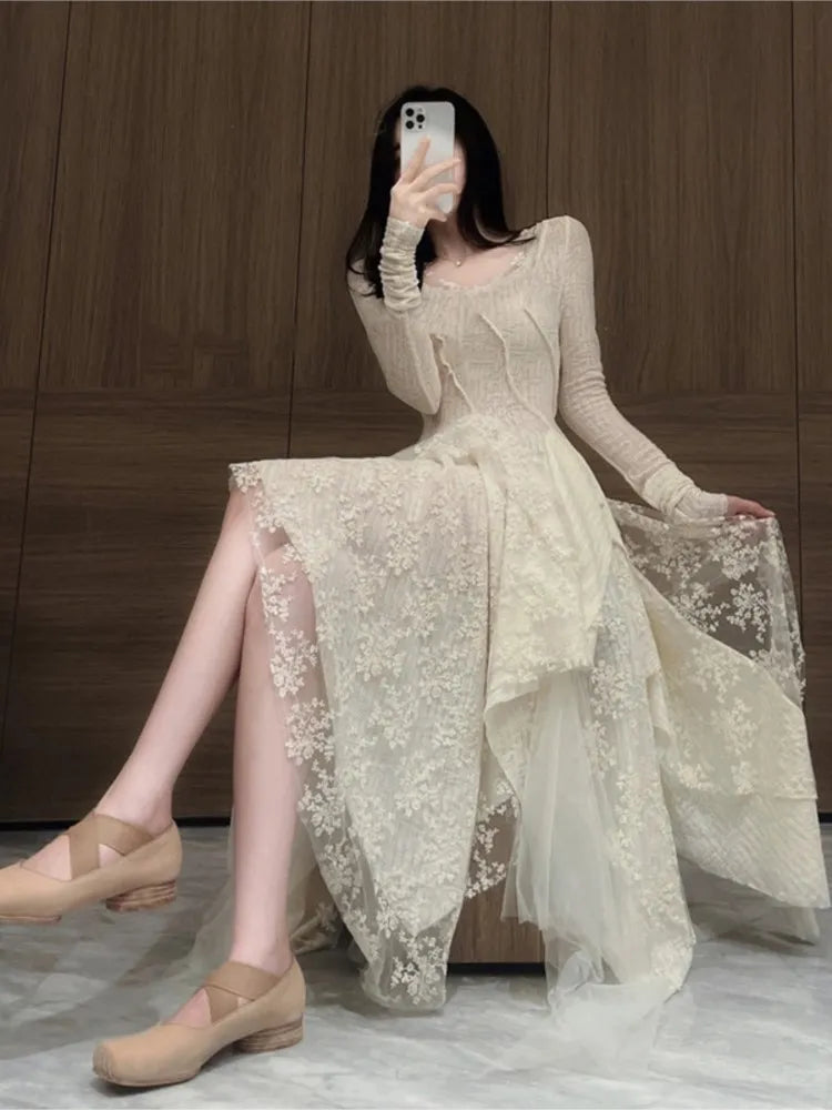 vmtvr - French Elegant Women's Vintage Dress Autumn Winter New Irregular Lace Splicing Evening Long Bridesmaid Party Dress