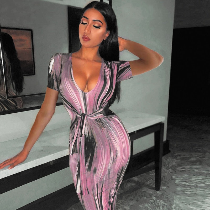 vmtvr Sexy Bandage Dress Waist Illusion Dress Women V-neck Maxi Dresses Ladies Tie-dye Wave Print Party Dresses Tight Dresses