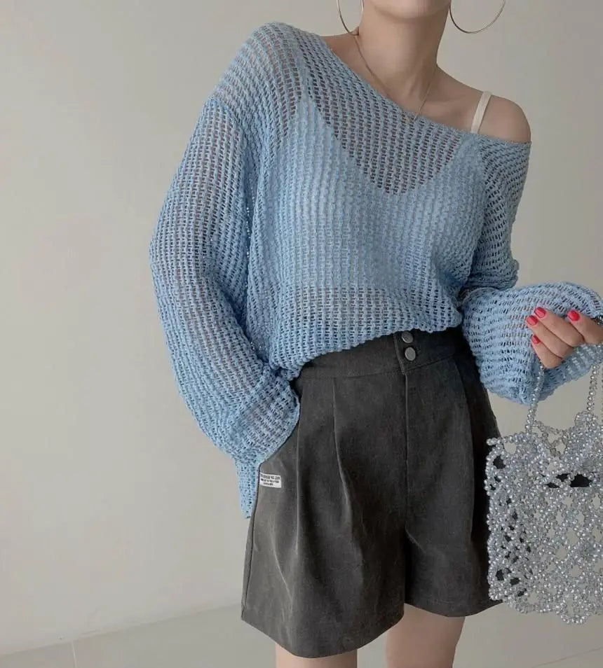 vmtvr Long Sleeve T-shirt Women Summer Thin Section Hollow Ice Silk Knit Sunscreen Coverall Korean Loose Tops