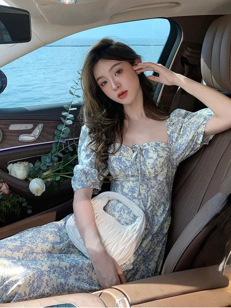 vmtvr Summer Vintage Floral Midi Dress Woman Beach Style Korean Fashion Elegant Party Dress Casual Princess Fairy Dress Designer