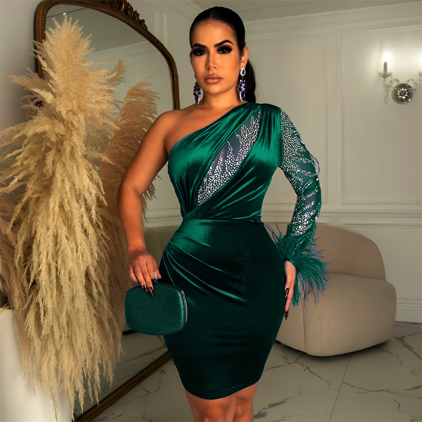 Sexy Feather Hot Rhinestone One Shoulder Party Club Mini Dress Women Velvet Long Sleeve Backless Elegant Outfit Evening Dresses