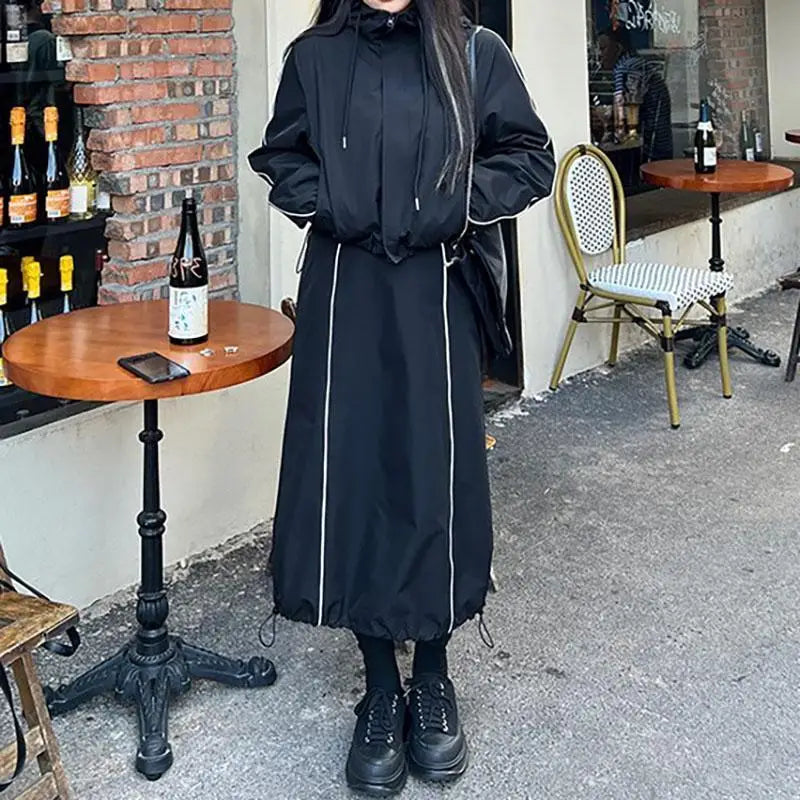 vmtvr Vintage Black Hooded Jacket and Skirt Tracksuit Women Y2k Long Sleeve Sport Corpcore Coat Top Loose Spring Summer Clothes Set