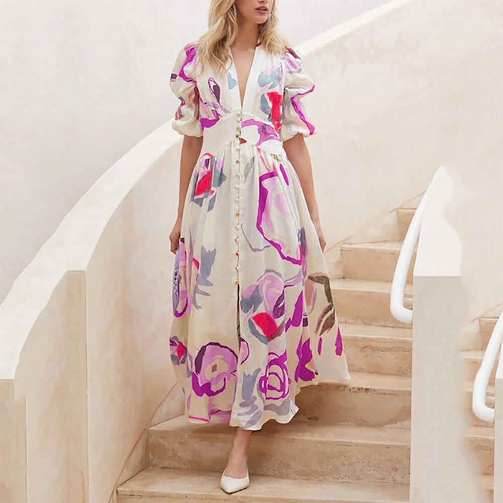vmtvr - Dresses For Women Summer Sexy Print Long Maxi Dress Ladies Elegant Button Up Boho Floral Ruffles Pink Robe Vestidos