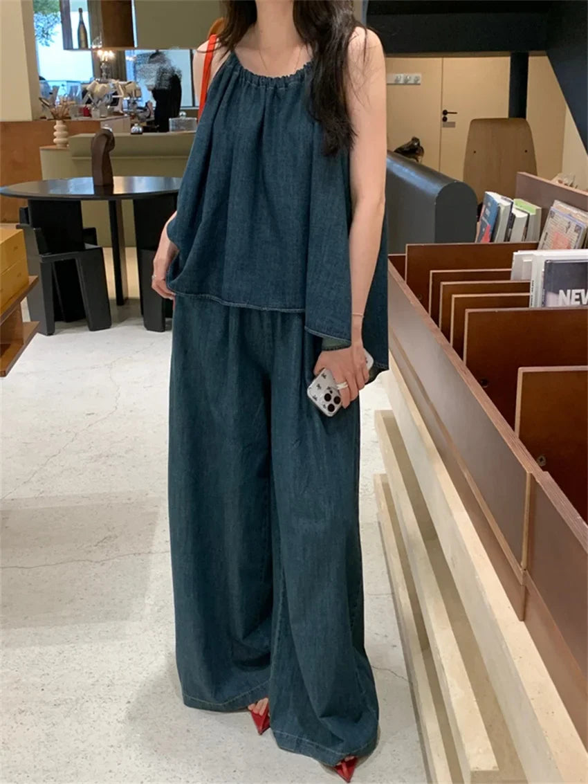 vmtvr Vacation Women Halter New Tank Tops Denim Chic Wide Leg Loose Summer Suit Sweet Casual Office Lady High Street Pants