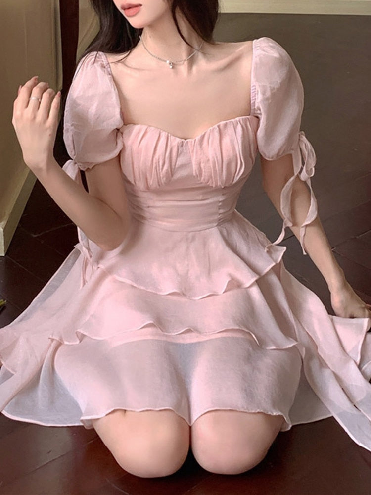 vmtvr Pink Kawaii France Style Short Dress Women Elegant Evening Party Midi Dresses Cute Sweet Puff Sleeve Clothing 2023