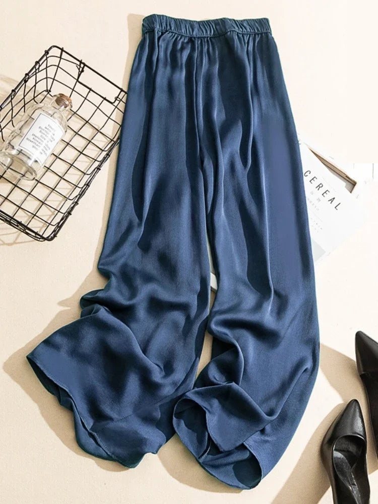 vmtvr Korean style High Waist Acetate Wide Leg Pants silk Trousers Acetate satin pants ankle-length women summer trousers