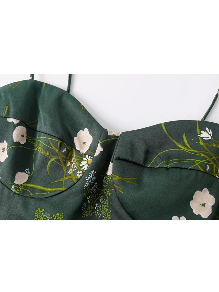 vmtvr Summer Strappy Spaghetti Strap Green Cami Tops Women Floral Print Backless Crop Top