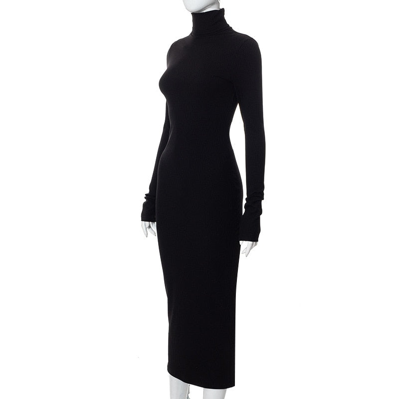 Long Sleeve Knitted High Collar Bodycon Maxi Dress Women Autumn Winter Elegant Party Evening Sexy Night Office Long Dresses