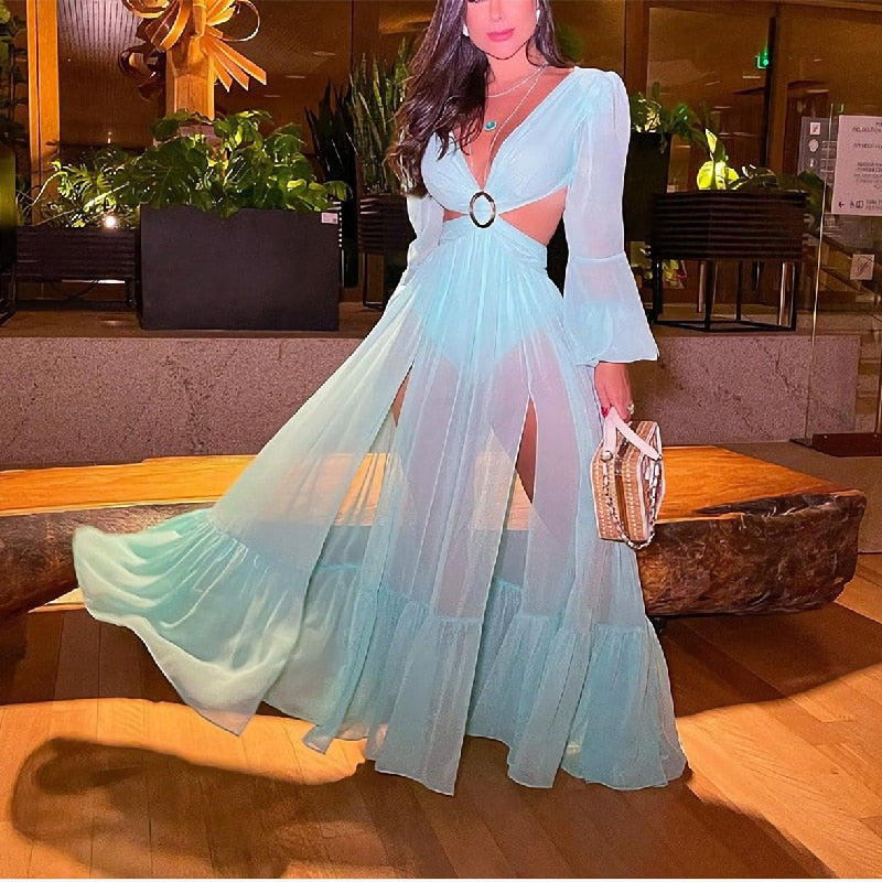 vmtvr Sexy V-Neck Backless Hollow Out Dress Summer Women Lantern Sleeve Club Party Long Maxi Dresses Tunic Beach Cover Up A916