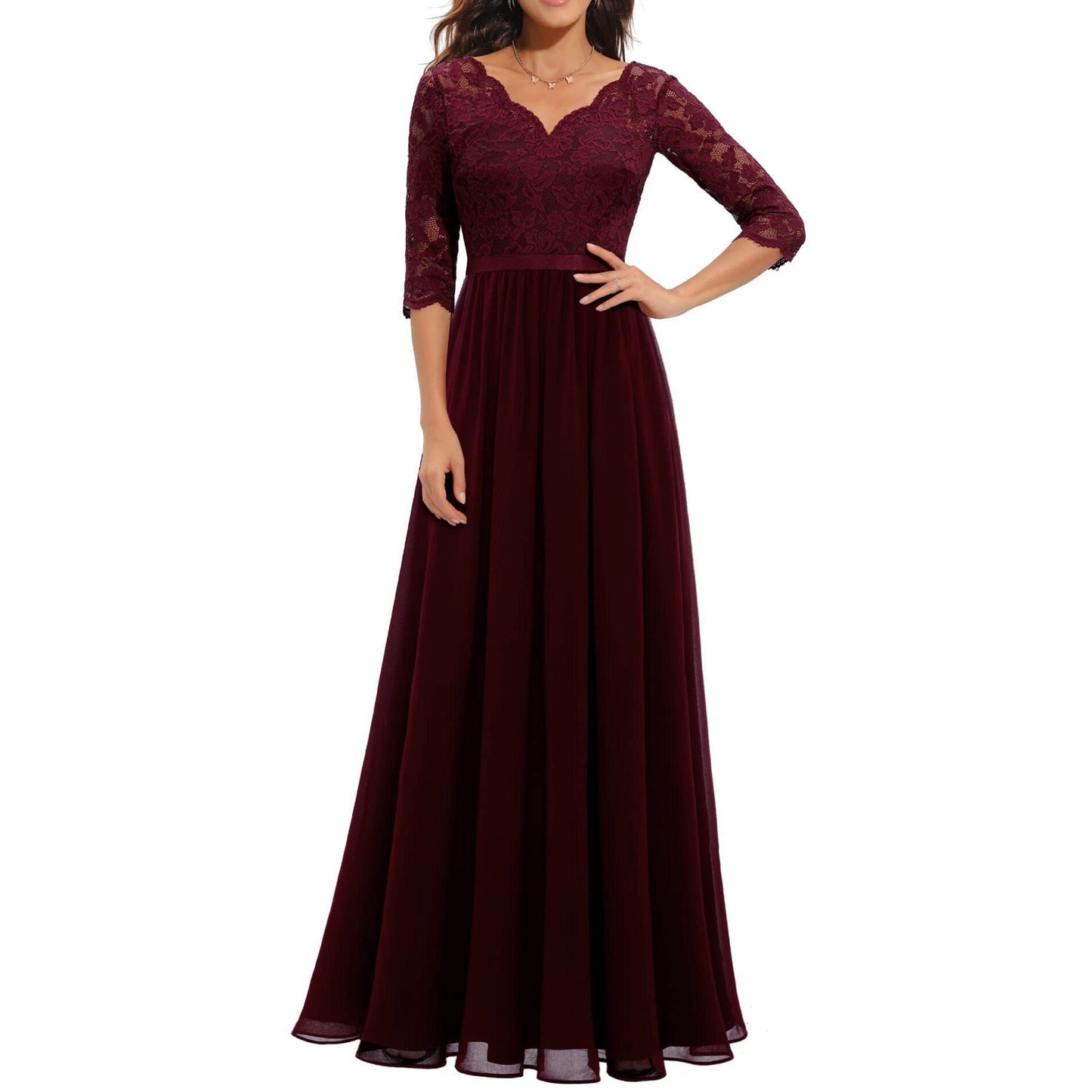 vmtvr Women's Elegant Vintage V Neck 3/4 Sleeve Floral Lace Chiffon Wedding Bridesmaid Maxi Dress Long Formal Dresses