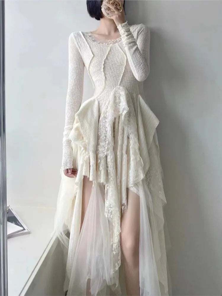 vmtvr - French Elegant Women's Vintage Dress Autumn Winter New Irregular Lace Splicing Evening Long Bridesmaid Party Dress