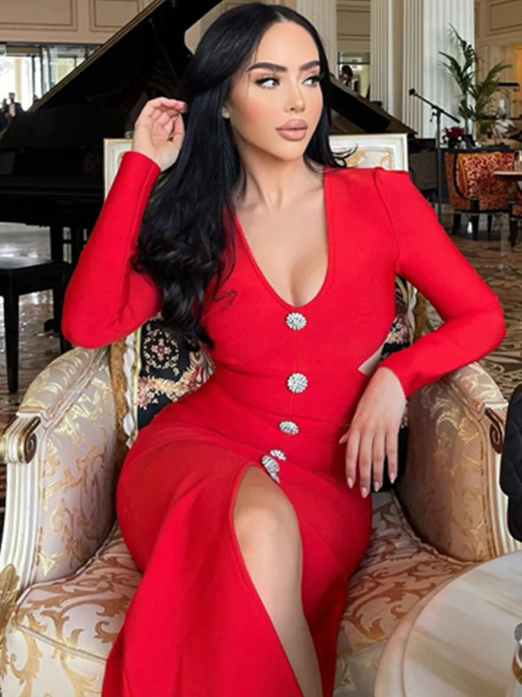 vmtvr - Women Winter Bandage Dress Sexy V Neck Long Sleeve Cut Out White Diamonds Midi Elegant Evening Party Club Dress Vestidos