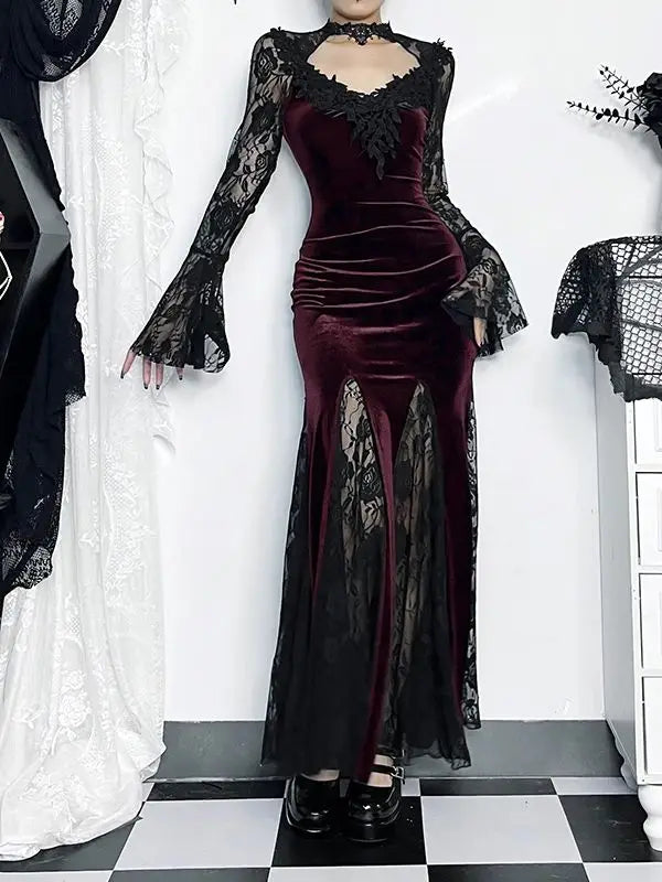 vmtvr - Mall Goth Lace Patchwork Fishtail Dress Women Retro Velet Transparent Embossed Long Sleeve Harajuku Ruched Lolita Dress