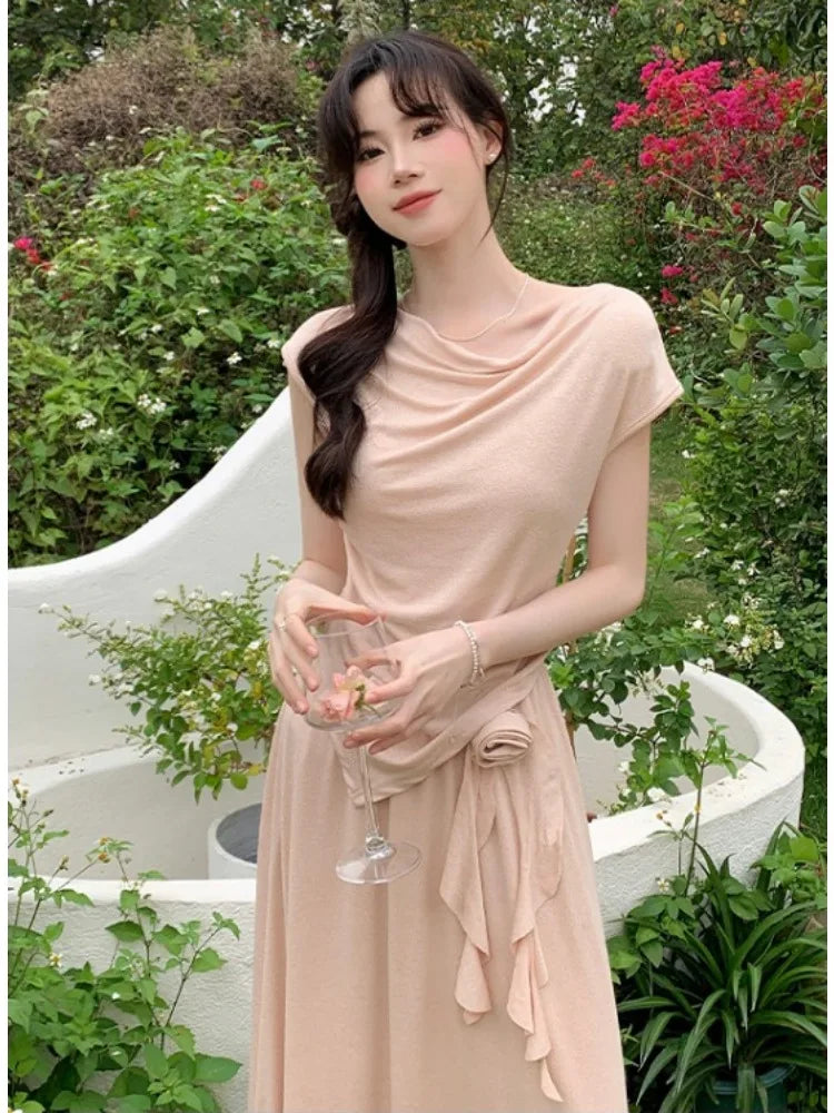 vmtvr 2024 Summer New Flowers Korean Fashion Irregular T-Shirt Top Women's French Elegant Pastoral Casual Long Skirt Two Piece Set