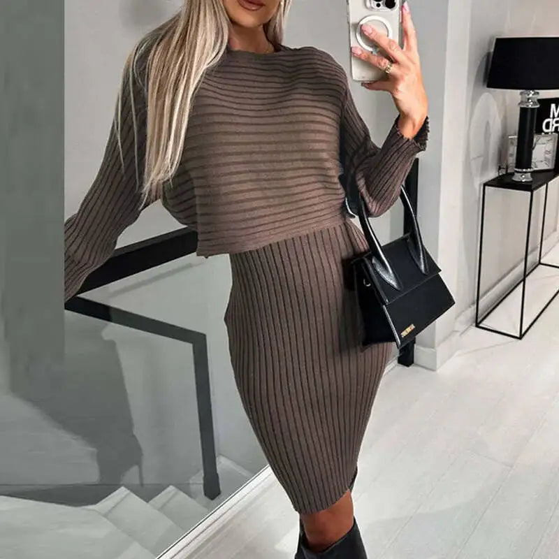 vmtvr Trendy Sexy Solid Rib Women Suit Dress Fall V-neck Sling Bodycon Dress With Knitted Sweater Winter Long Sleeve Warm Office Dress