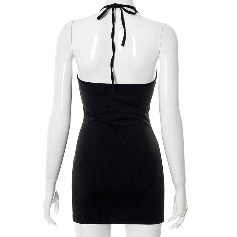Sexy Halter Summer Women'S Dress Solid Hollow Out Metal Ring Harajuku Bandage Bodycon Dresses Party Club Vestidos Outfit